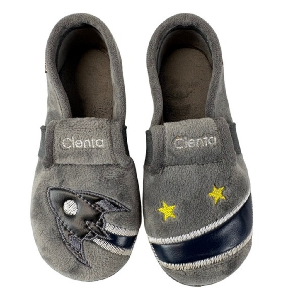 Made in Spain - clenta Gray and Navy Kids Rocket Slippers with Yellow Stars